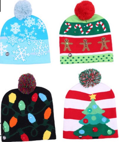 圣诞节装饰翻边带球针织帽带LED七彩炫灯帽毛线帽成人儿童帽围巾